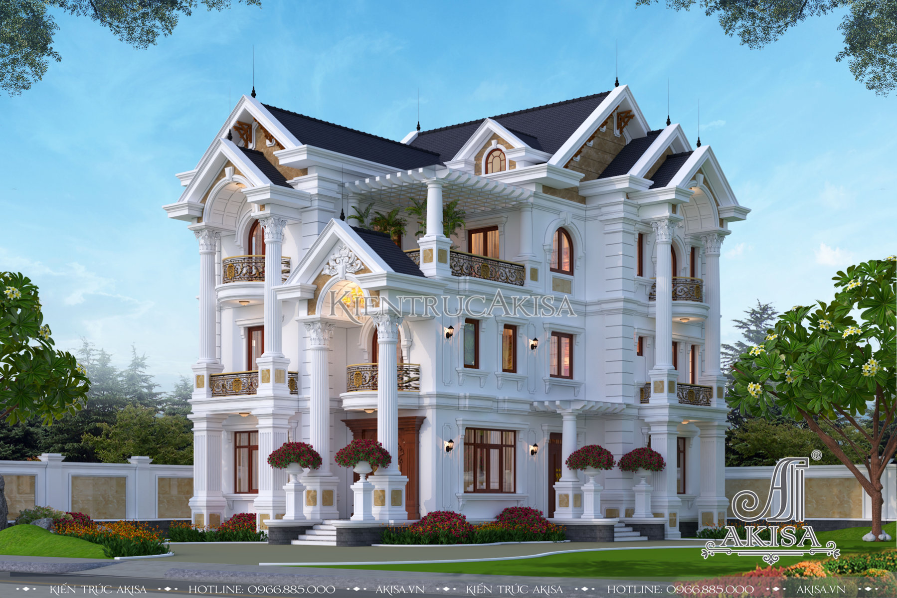 Hình ảnh phối cảnh 3D của mẫu thiết kế nhà đẹp 3 tầng tân cổ điển BT32370 có mặt tiền 10m2