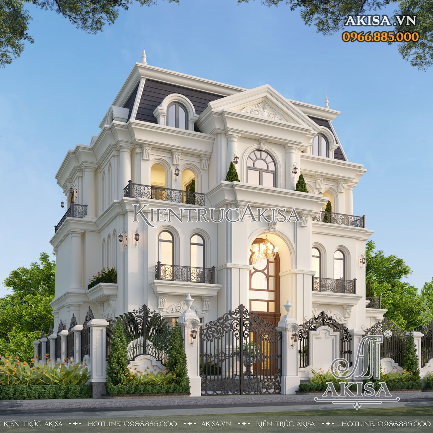 Cận cảnh vẻ đẹp chi tiết không gian sảnh mẫu biệt thự 3 tầng mái Mansard đẹp