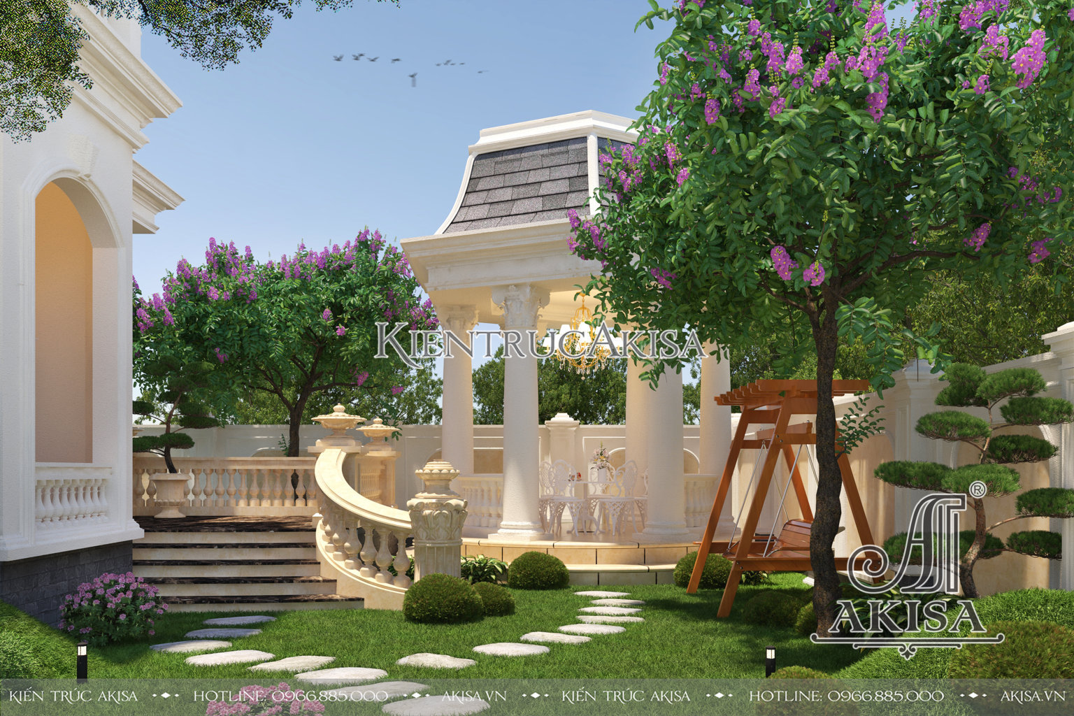 Góc sân vườn đẹp được thiết kế và bài trí theo đúng phong thủy trong mẫu biệt thự tân cổ điển Pháp 3 tầng