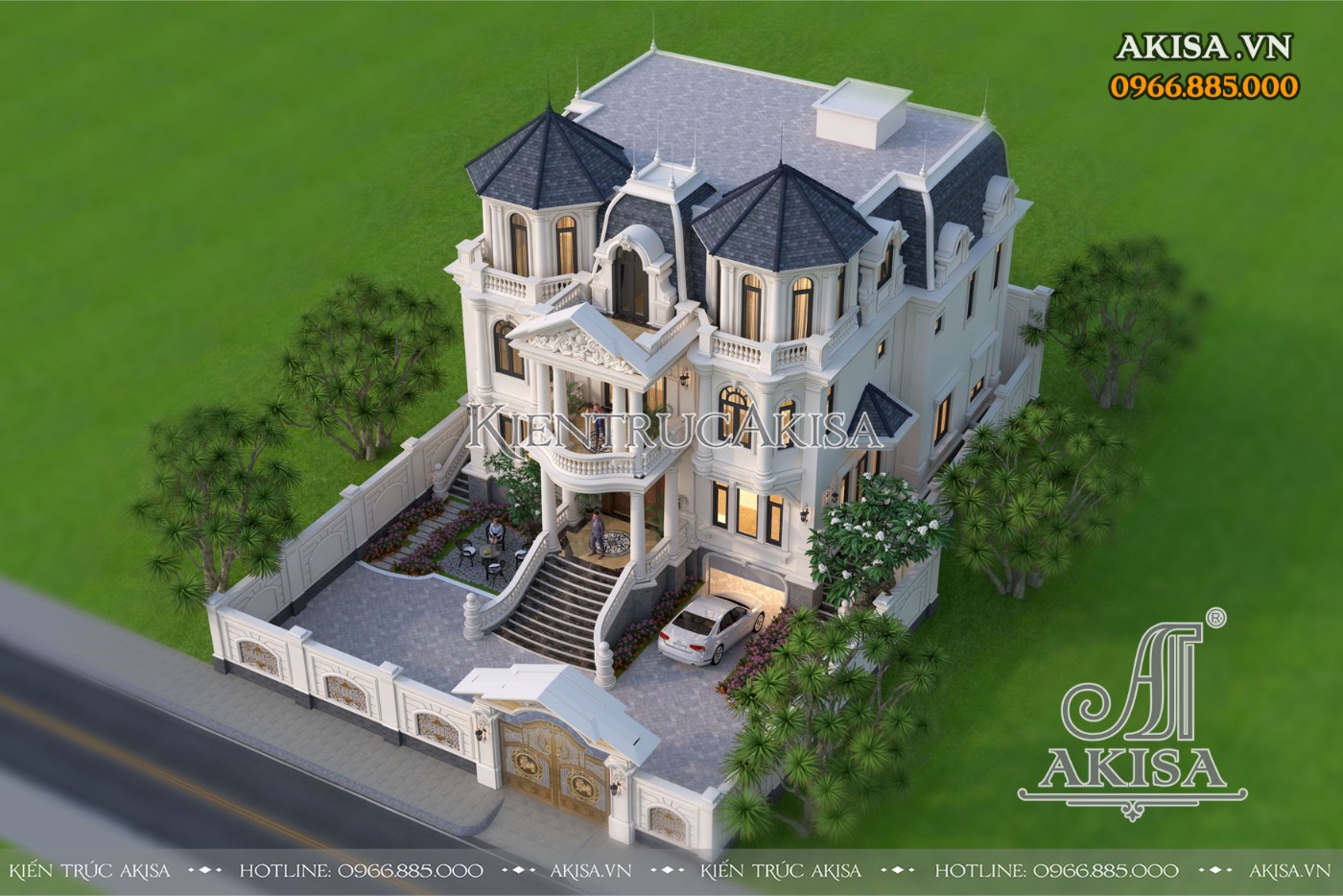 Tổng thể mẫu thiết kế lâu đài dinh thự kiểu Pháp 3 tầng nguy nga, tráng lệ