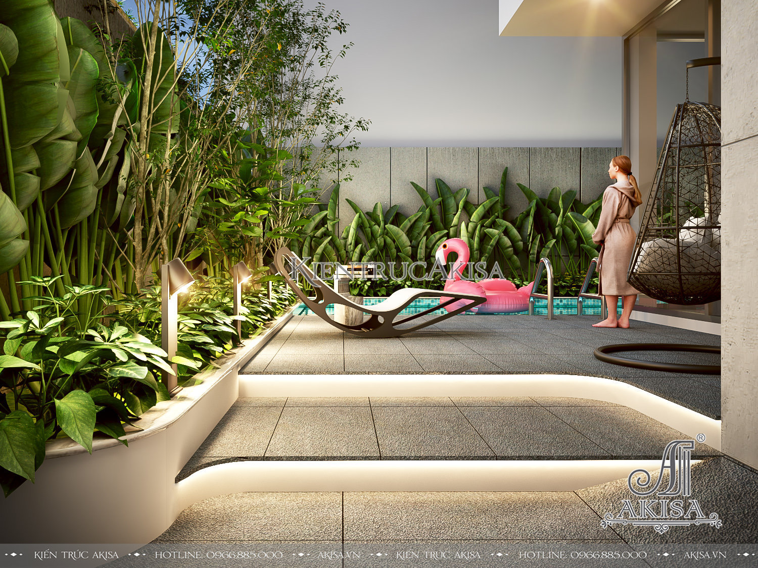 Không gian sân vườn & bể bơi ngoài trời của ngôi biệt thự 4 tầng phong cách hiện đại