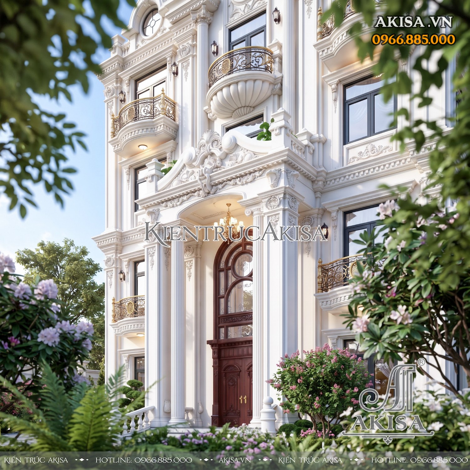 Mặt tiền biệt thự 4 tầng mái Mansard hiện lên sang trọng qua lớp cảnh quan xanh được bố trí mềm mại phía trước