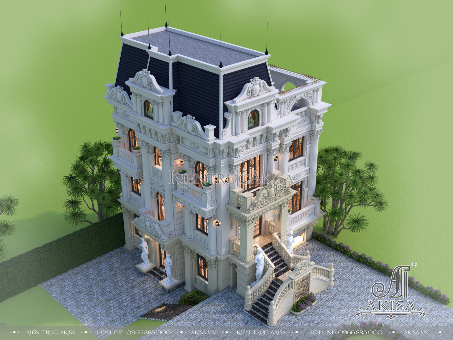 hình ảnh phối cảnh 3D của thiết kế biệt thự lâu đài cổ điển Pháp BT43258
