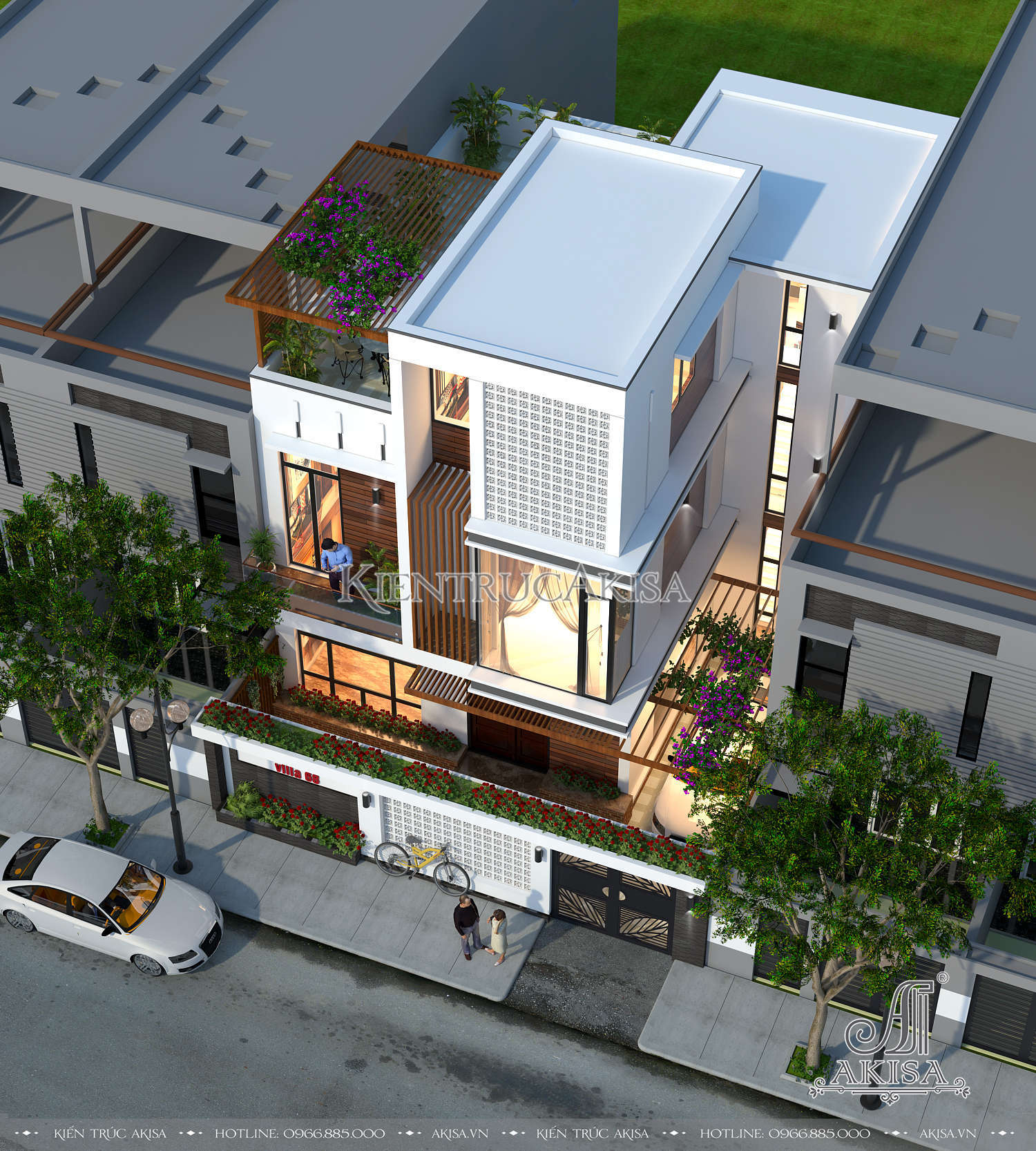 hình ảnh phối cảnh 3D của thiết kế biệt thự phố hiện đại 3 tầng đẹp KT31066