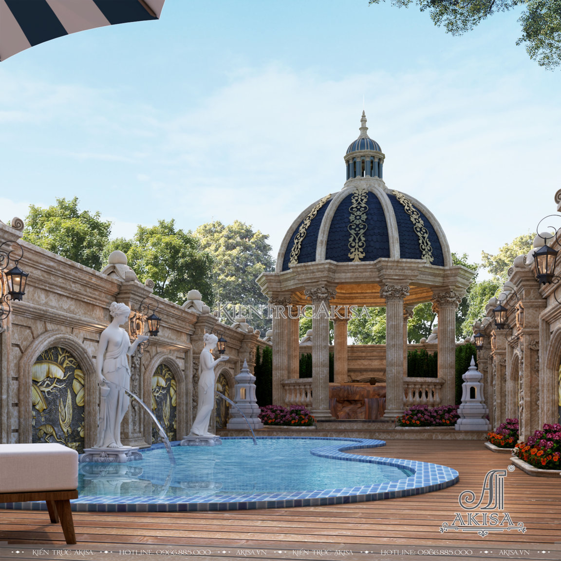  Kiến trúc và sân vườn phong cách cổ điển Pháp thu hút bởi những hệ cột đồ sộ, thức cột tinh xảo cùng mái vòm uy nghi kết hợp với bể bơi hiện đại, tạo nên vẻ đẹp quý phái, quyến rũ