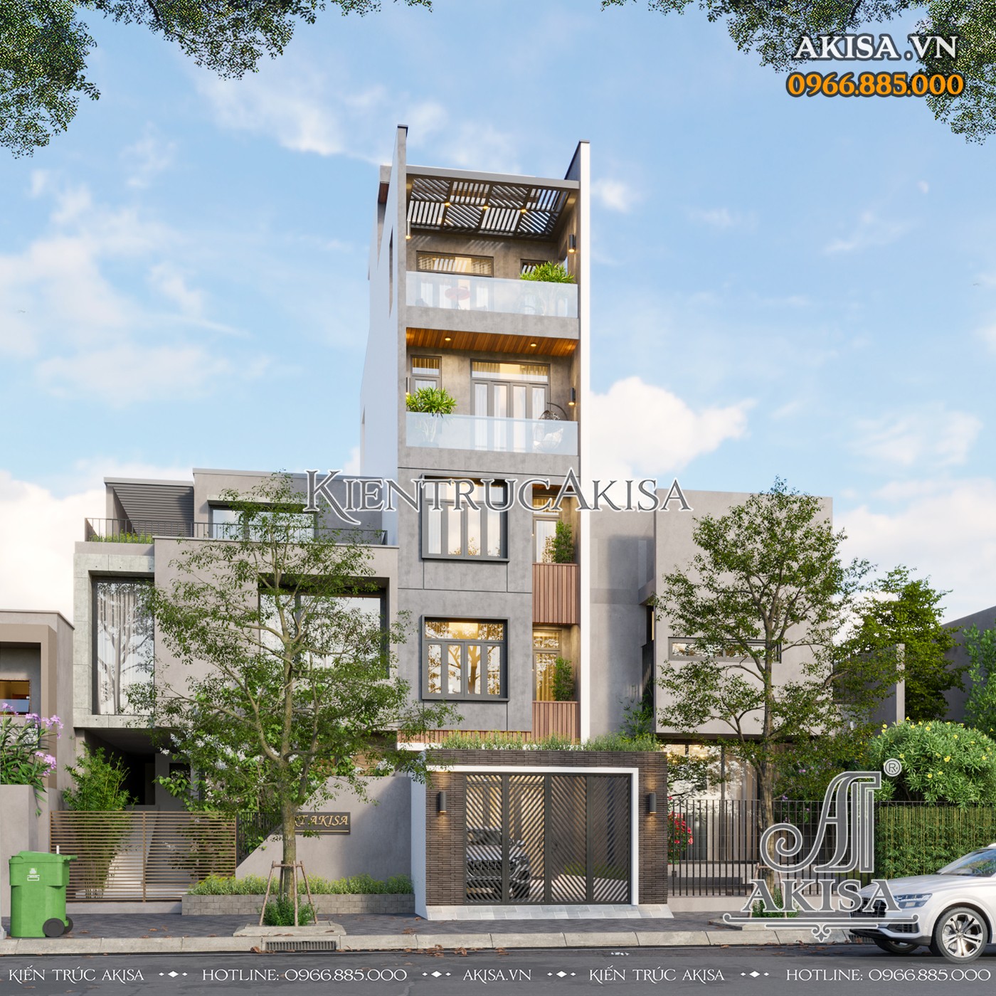 Phối cảnh góc mẫu thiết kế nhà phố 5 tầng phong cách hiện đại