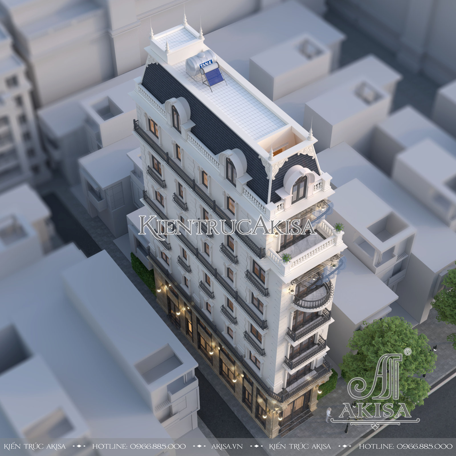 Tổng thể mẫu nhà phố 6 tầng kết hợp kinh doanh khi quan sát từ trên cao