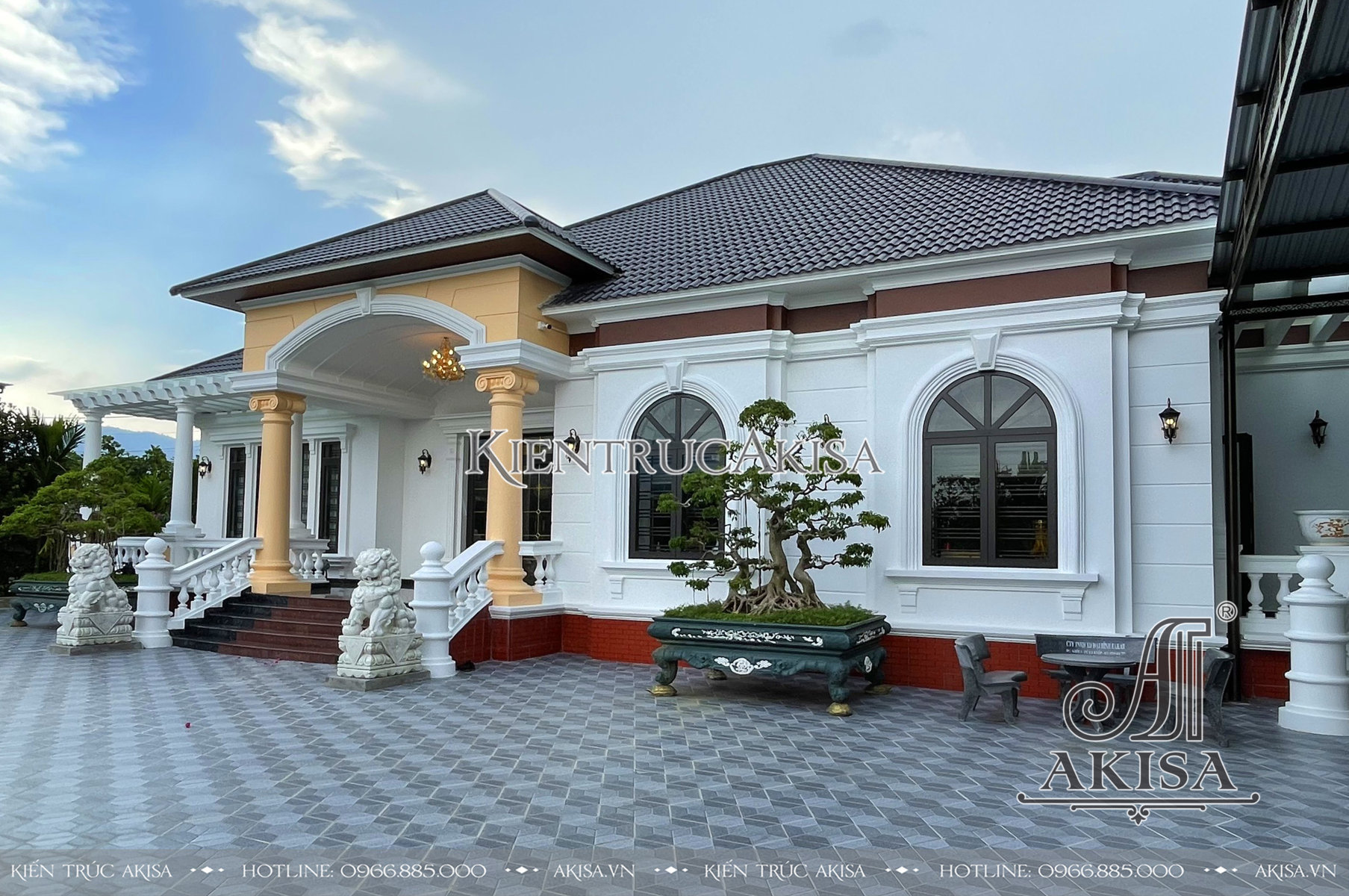 Hình ảnh hoàn thiện thi công kiến trúc mặt tiền ngôi biệt thự 1 tầng tại Đắk Lắk