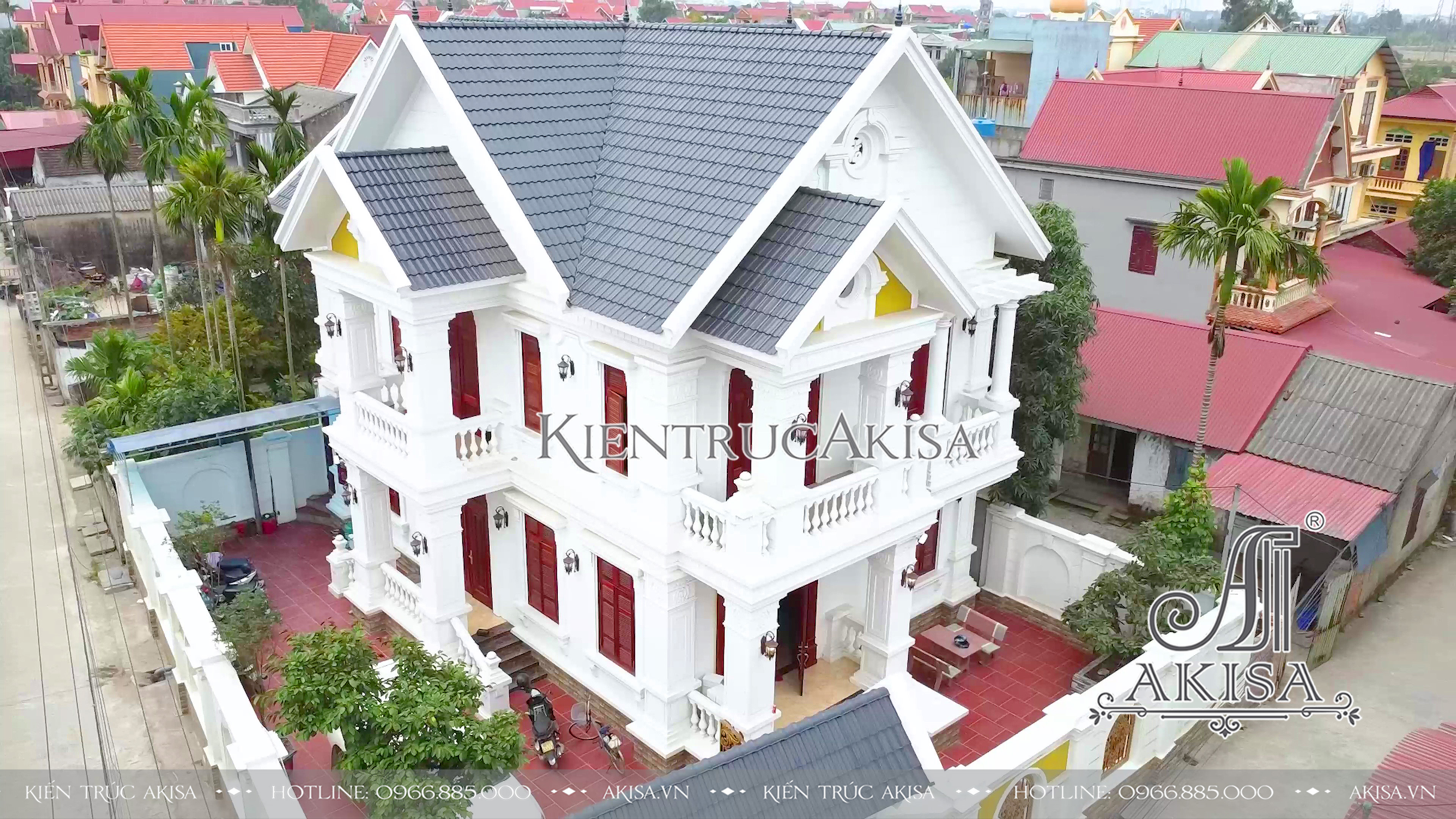 Phối cảnh thiết kế 3D của mẫu biệt thự 2 tầng tân cổ điển mái Thái