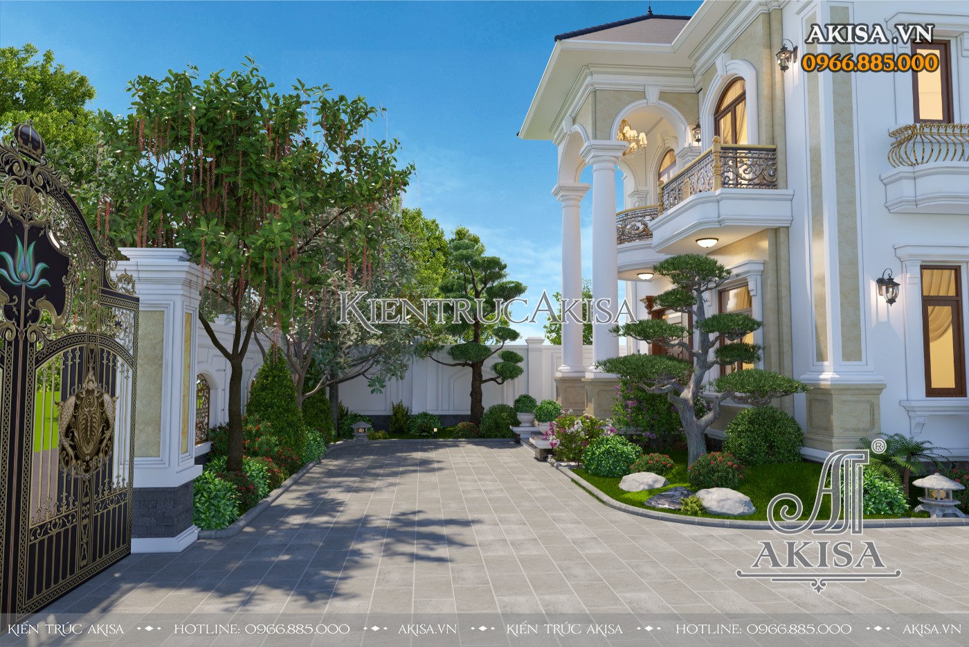 Hệ cổng và tường rào được thiết kế tinh tế với không gian sân vườn biệt thự