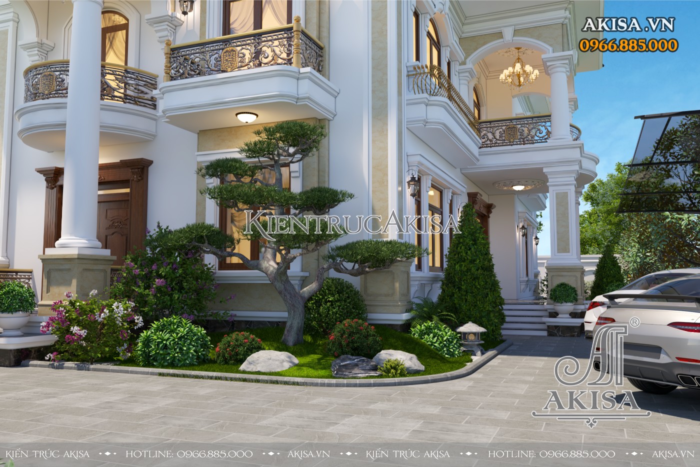 Hệ thống cây xanh trước và xung quanh biệt thự 2 tầng được bố trí hợp lý