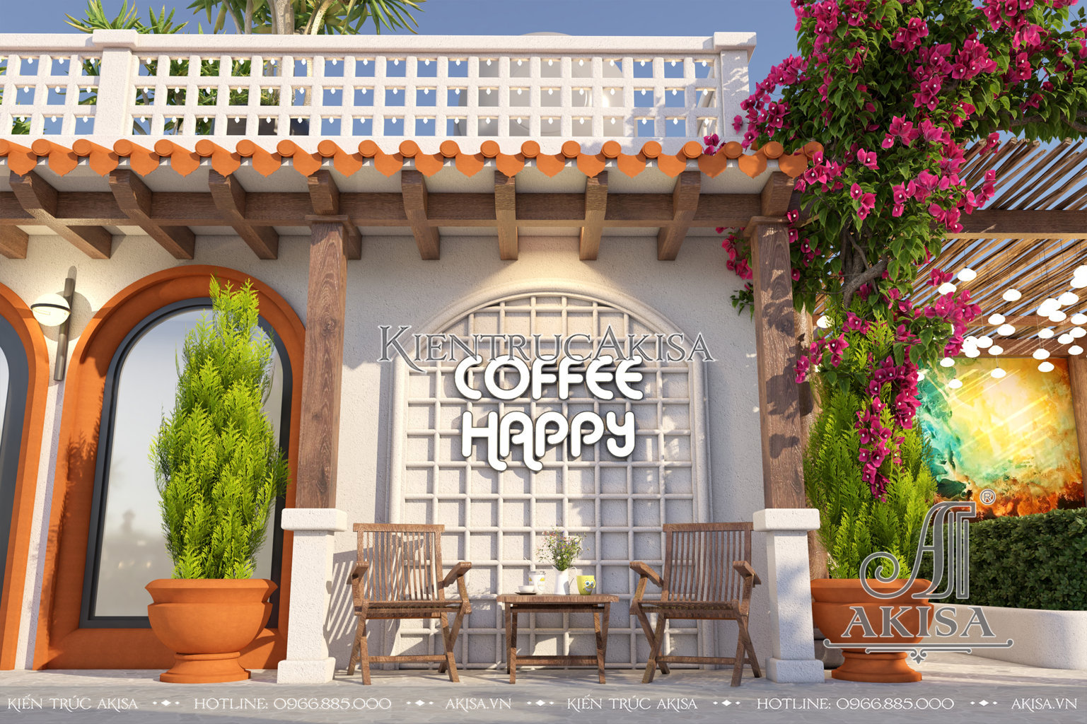 Góc riêng tư ngoài trời trong thiết kế quán caffe phong cách Địa Trung Hải