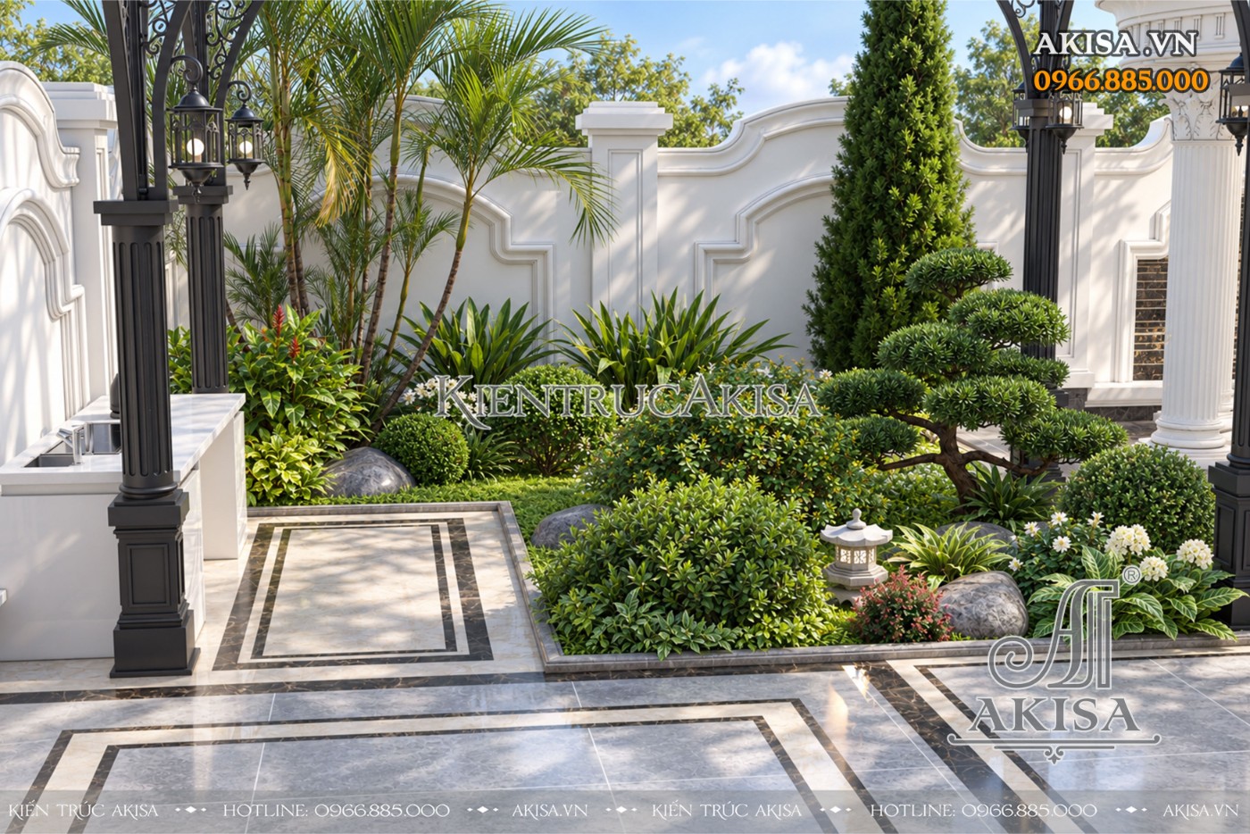 Một góc tiểu cảnh xanh được xử lý tinh tế với cây bụi cắt tỉa, đá cảnh và đèn sân vườn trang trí