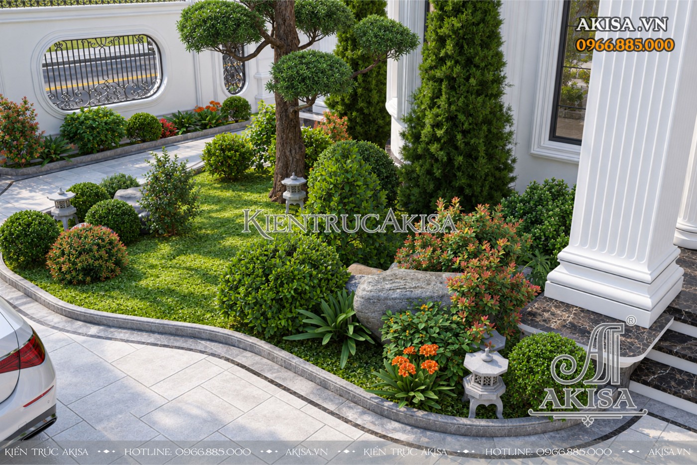 Hệ cây xanh nhiều tầng với cây bóng dáng, cây bụi và thảm cỏ giúp không gian sân vườn có chiều sâu và cân bằng thị giác