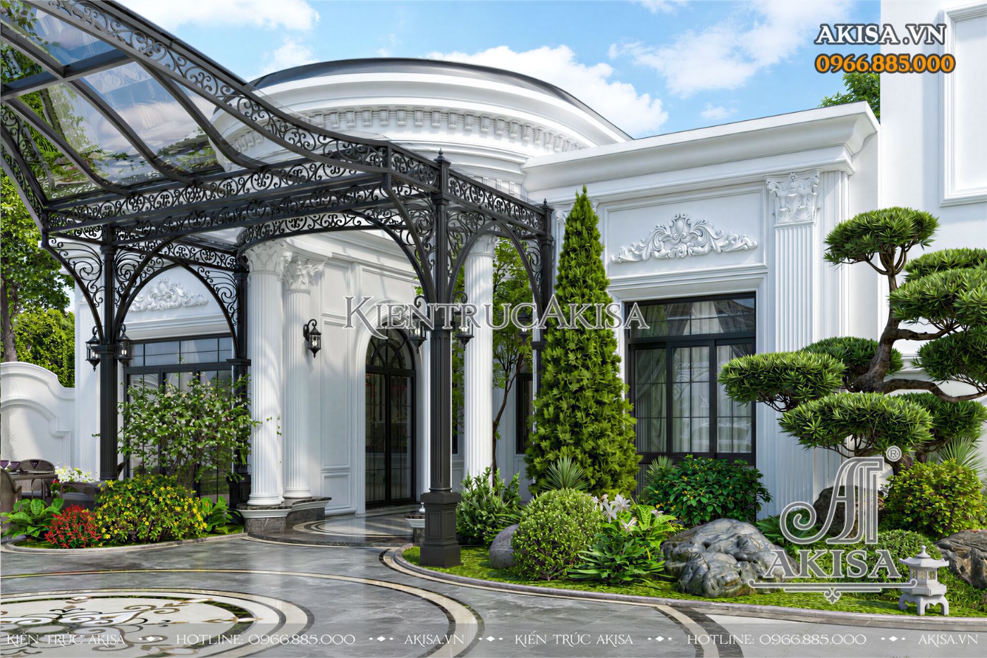 Không gian chuyển tiếp giữa biệt thự và khu mái kính được bao quanh bởi cây xanh, giúp cảnh quan liền mạch và mềm mại hơn