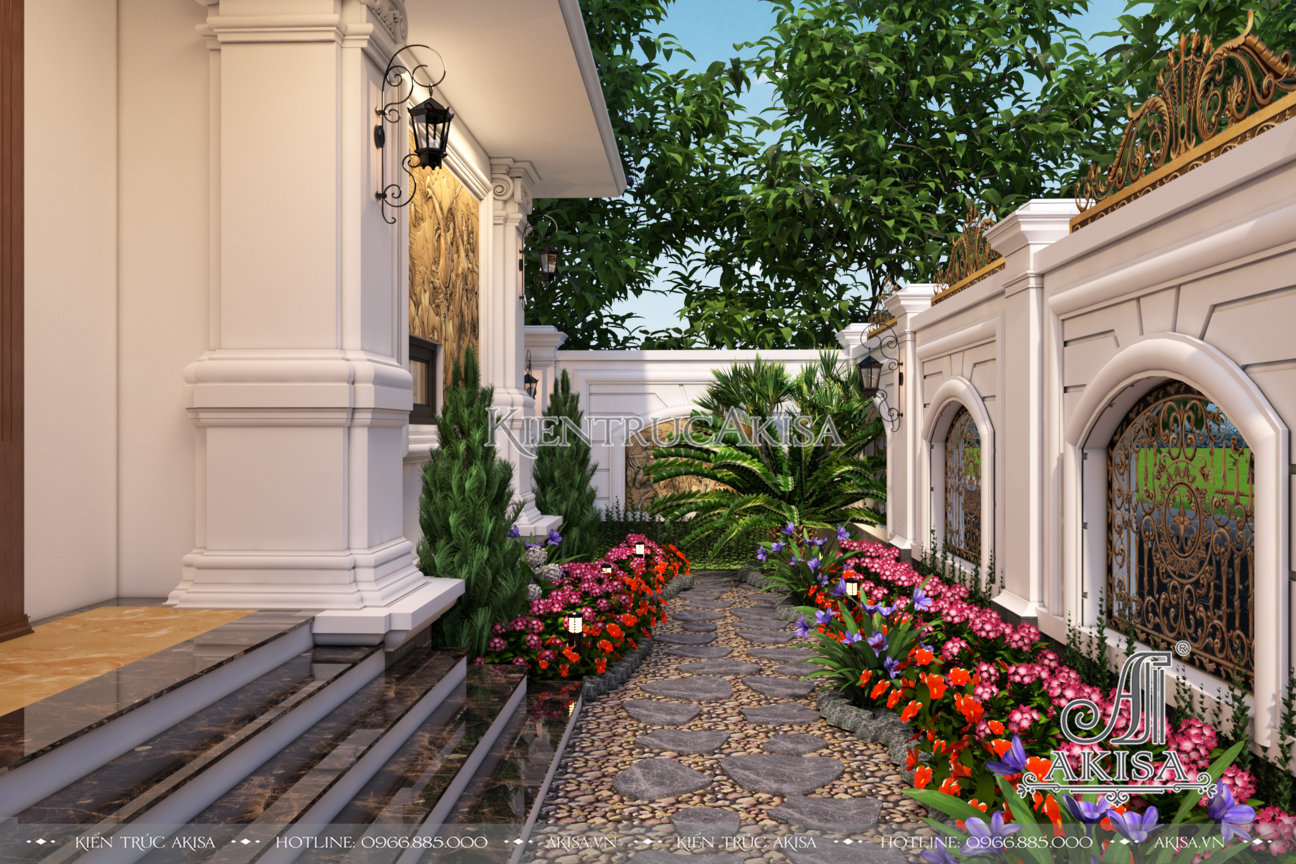 Xung quanh căn nhà bài trí những khóm hoa, tiểu cảnh góp phần tô điểm cho vẻ đẹp ngoại thất công trình