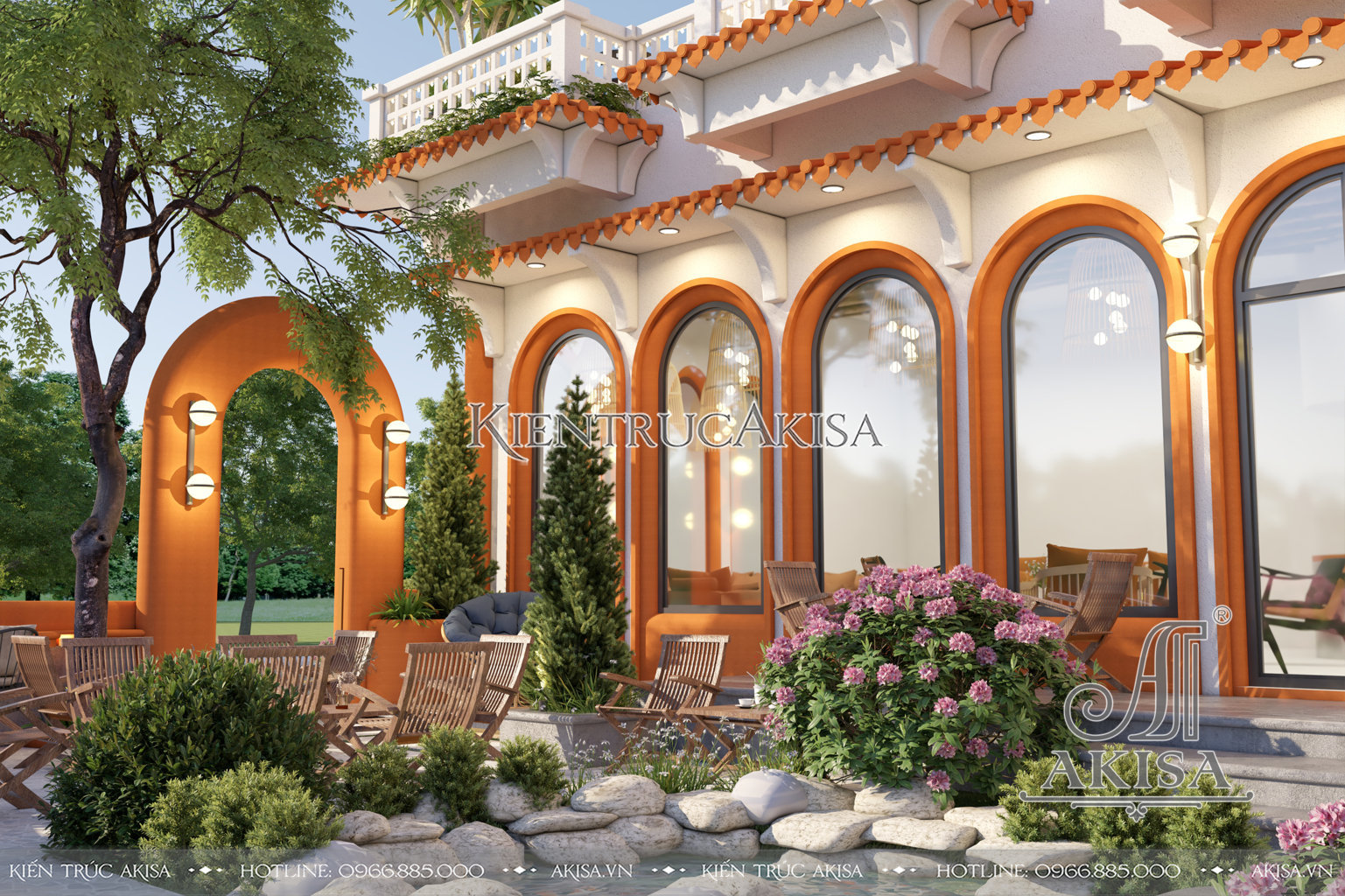 Thiết kế sân vườn trong khuôn viên cửa hàng Cafe phong cách Địa Trung Hải