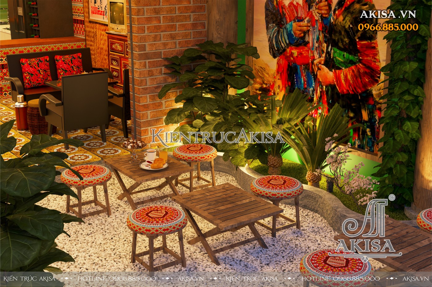 Góc không gian sân vườn bên trong cửa hàng caffe 3 tầng tại Lào Cai