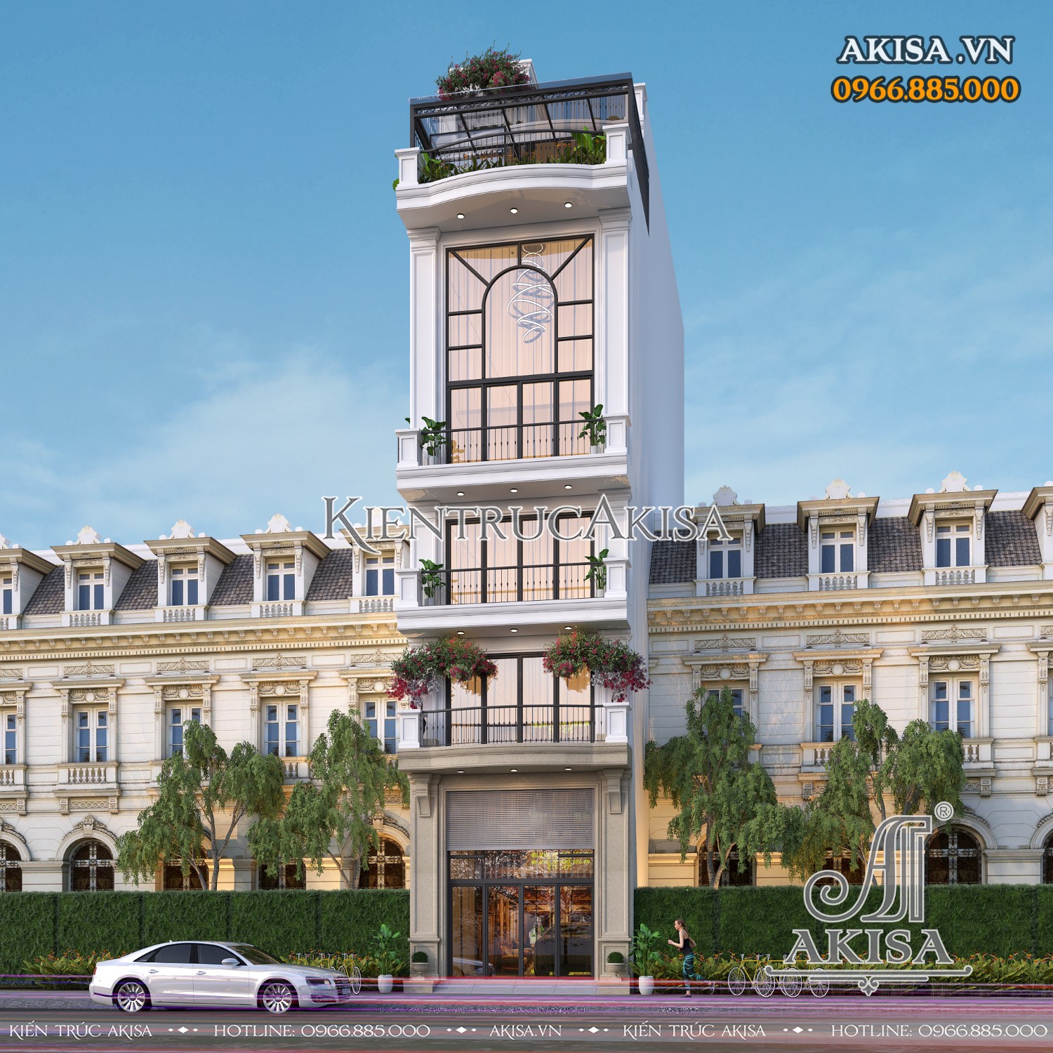Mẫu nhà phố 6 tầng kiến trúc tân cổ điển nhẹ nhàng