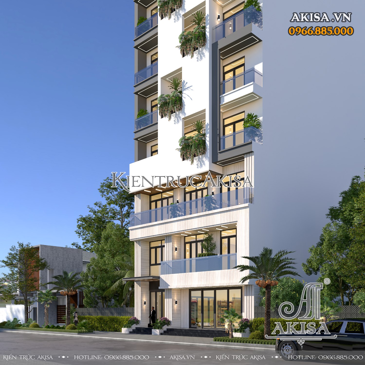 Hệ thống cây xanh được sử dụng và bố trí tại các tầng trong thiết kế nhà phố 9 tầng kết hợp kinh doanh