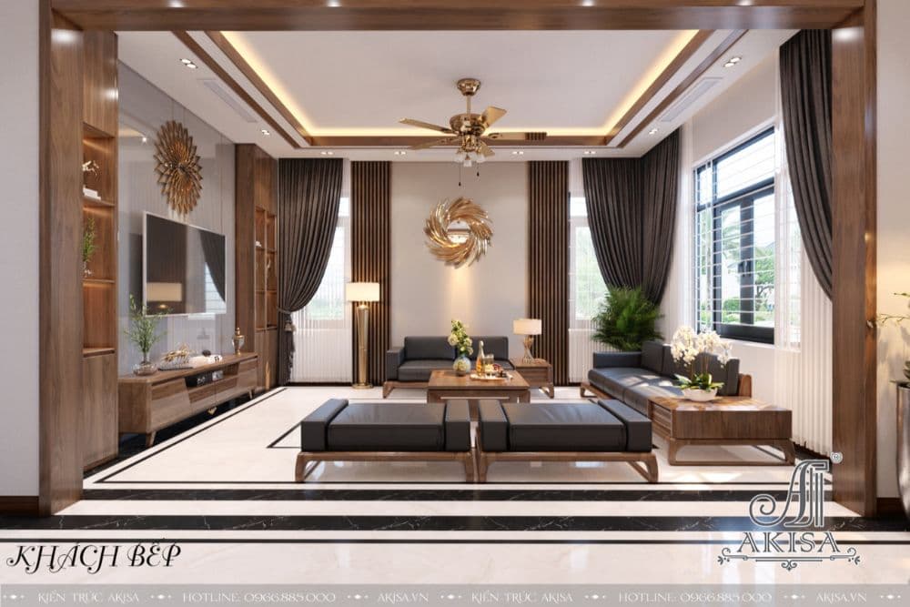 Phòng khách thiết kế đơn giản nhưng sang trọng, cuốn hút với các vật dụng nội thất bằng gỗ cao cấp mang đến không gian gần gũi,  ấm cúng