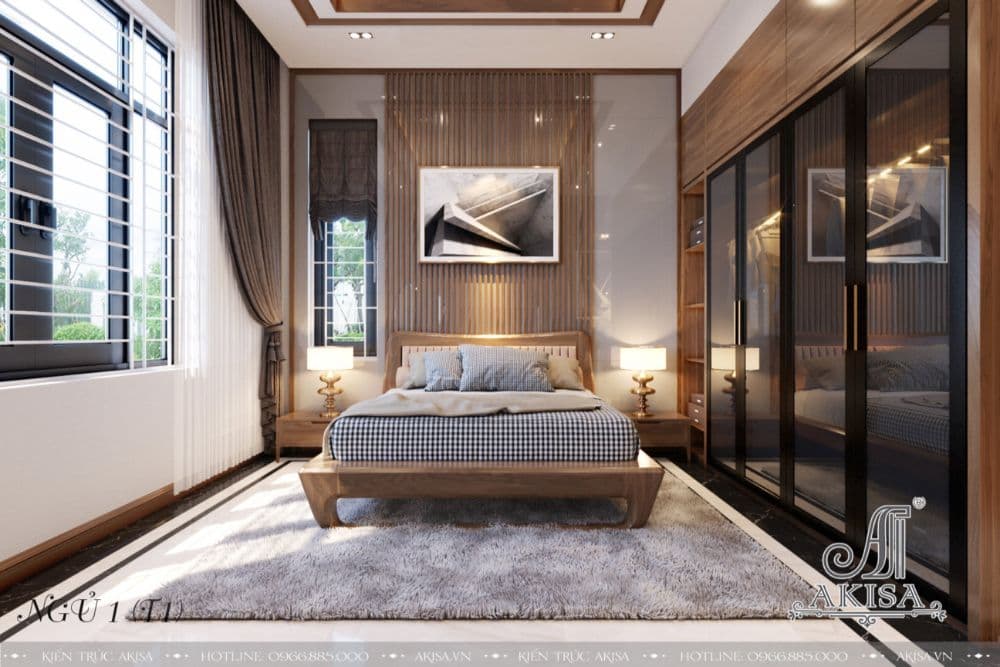 Phòng ngủ tầng 1 có diện tích vừa phải, trang trí đơn giản phù hợp với sở thích và nhu cầu của chủ nhân căn phòng
