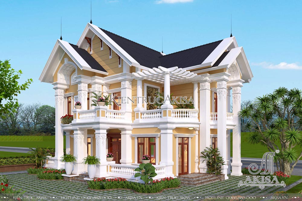 Thiết kế biệt thự 2 tầng mái Thái phong cách cổ điển Pháp tại Thái Nguyên