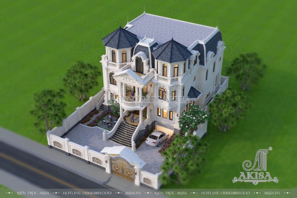 Tổng thể mẫu thiết kế lâu đài dinh thự kiểu Pháp 3 tầng nguy nga, tráng lệ