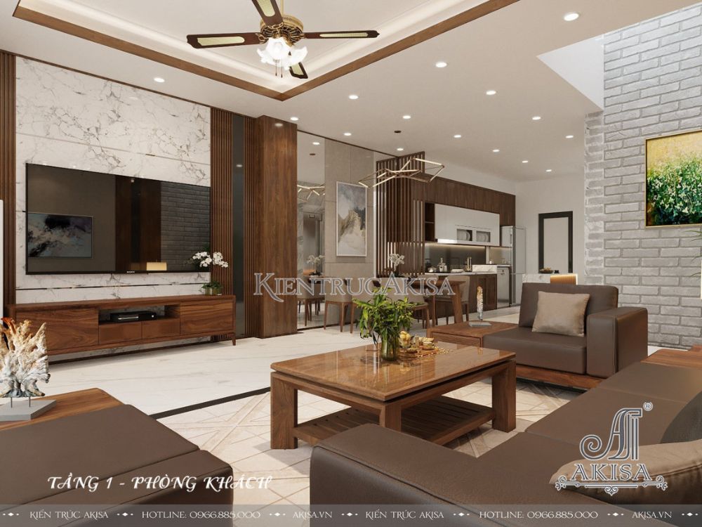 Biệt thự hiện đại có thiết kế phòng khách liên thông với khu vực bếp và phòng ăn