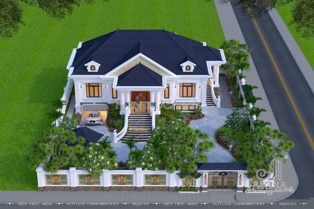Thiết kế mái Nhật màu xanh ghi lịch lãm nổi bật trên diện tường sơn trắng tạo điểm nhấn tinh tế cho căn nhà