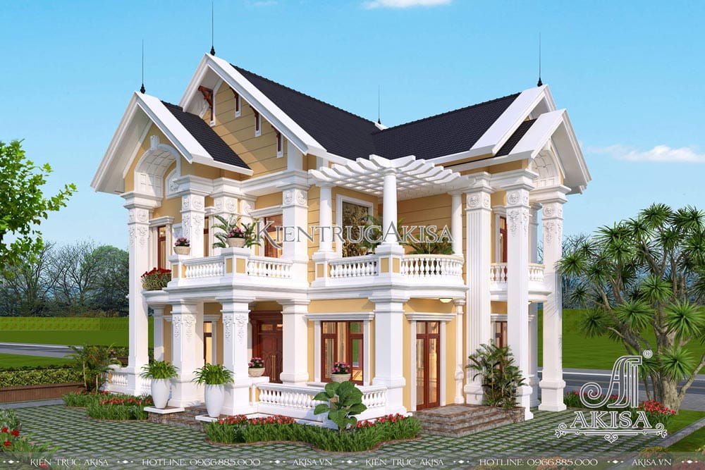 Thiết kế biệt thự 2 tầng mái Thái phong cách cổ điển Pháp mang vẻ đẹp rất cổ kính và đầy mê hoặc.