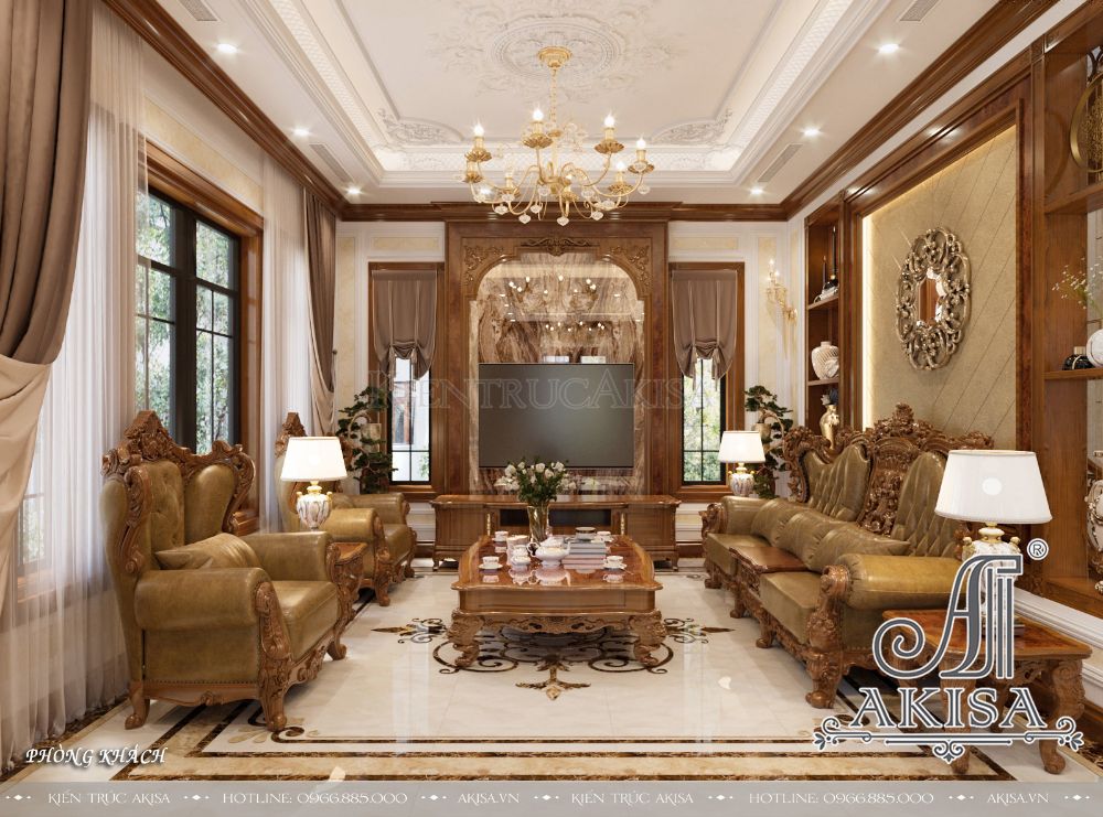 Phòng khách sử dụng gam màu trắng sang trọng của diện tường, trần nhà kết hợp màu nâu của các vật dụng nội thất như bàn, ghế gỗ, tủ tivi, kệ,... mang đến vẻ đẹp ấm cúng, thể hiện sự hiếu khách của gia chủ