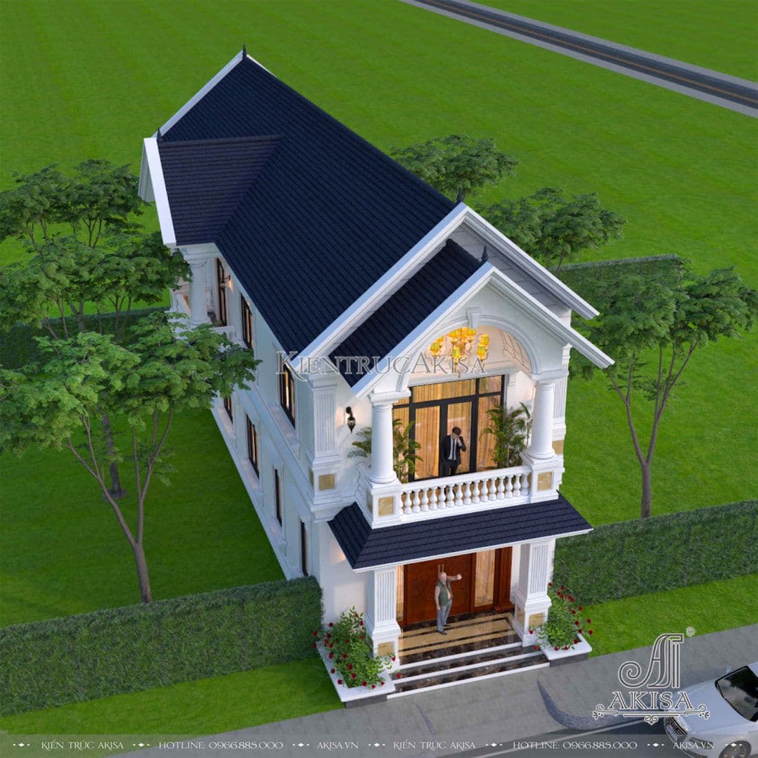 Hệ mái Thái dốc màu xanh than lịch lãm, được thiết kế linh hoạt theo hình khối kiến trúc của ngôi nhà tạo nên một tổng thể sang trọng, thu hút