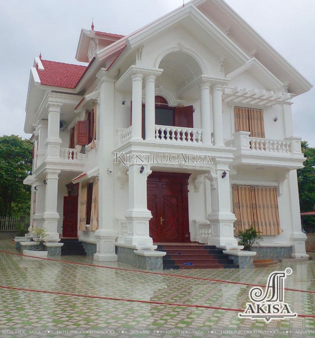 Hình ảnh thi công biệt thự 2 tầng mái Thái phong cách tân cổ điển đẹp tinh tế tại Bắc Giang
