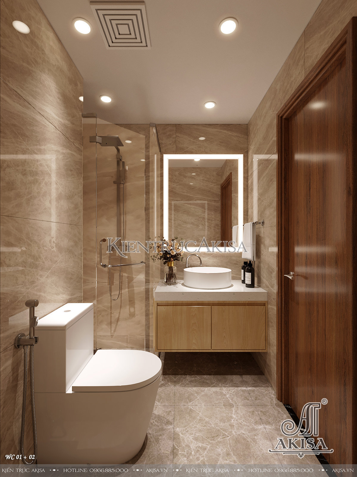 Mẫu nội thất chung cư gỗ sồi trắng kết hợp gỗ công nghiệp - Phòng WC