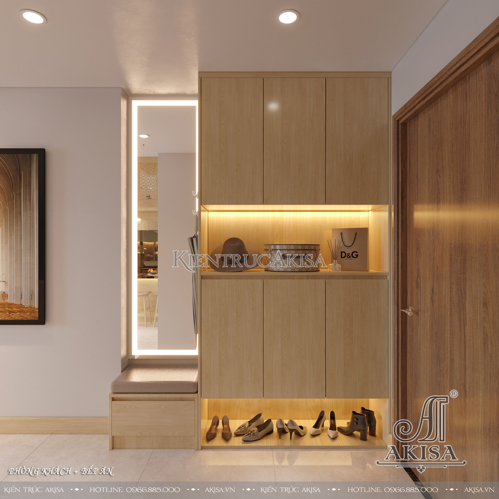 Mẫu nội thất chung cư gỗ sồi trắng kết hợp gỗ công nghiệp - Phòng khách