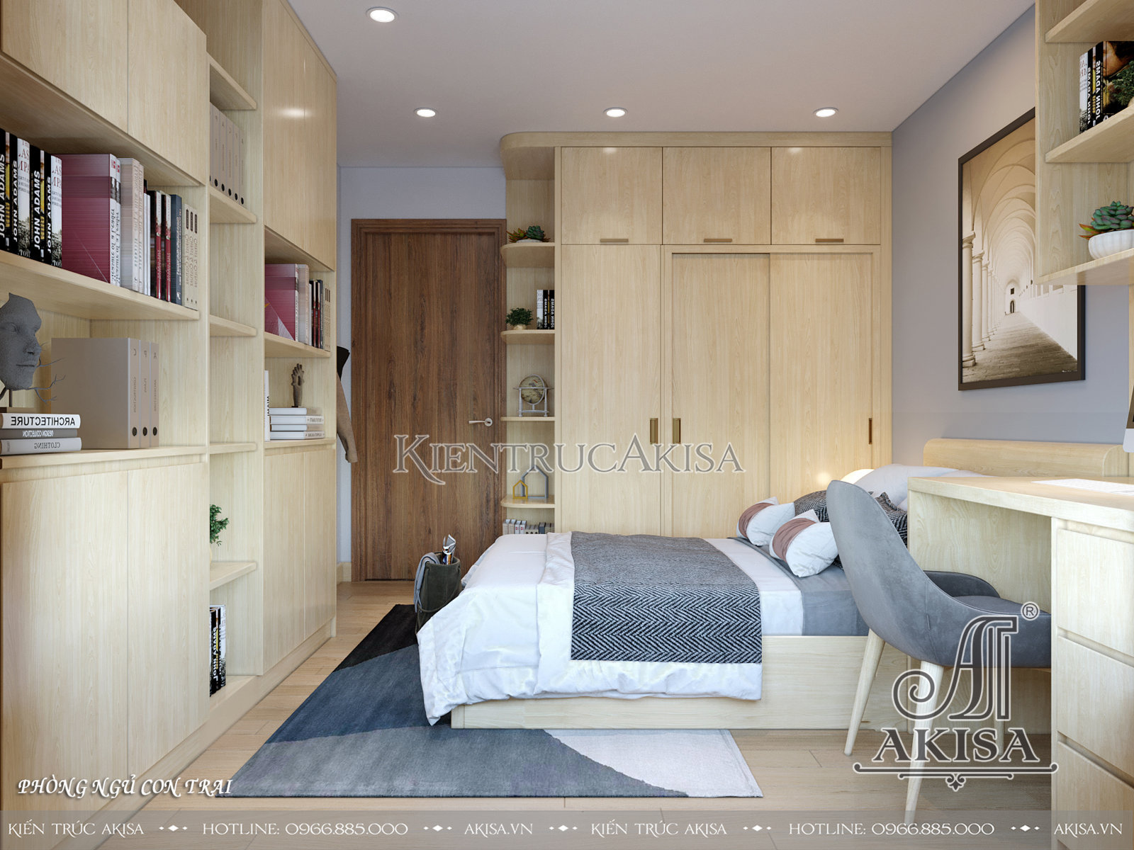 Mẫu nội thất chung cư gỗ sồi trắng kết hợp gỗ công nghiệp - Phòng ngủ