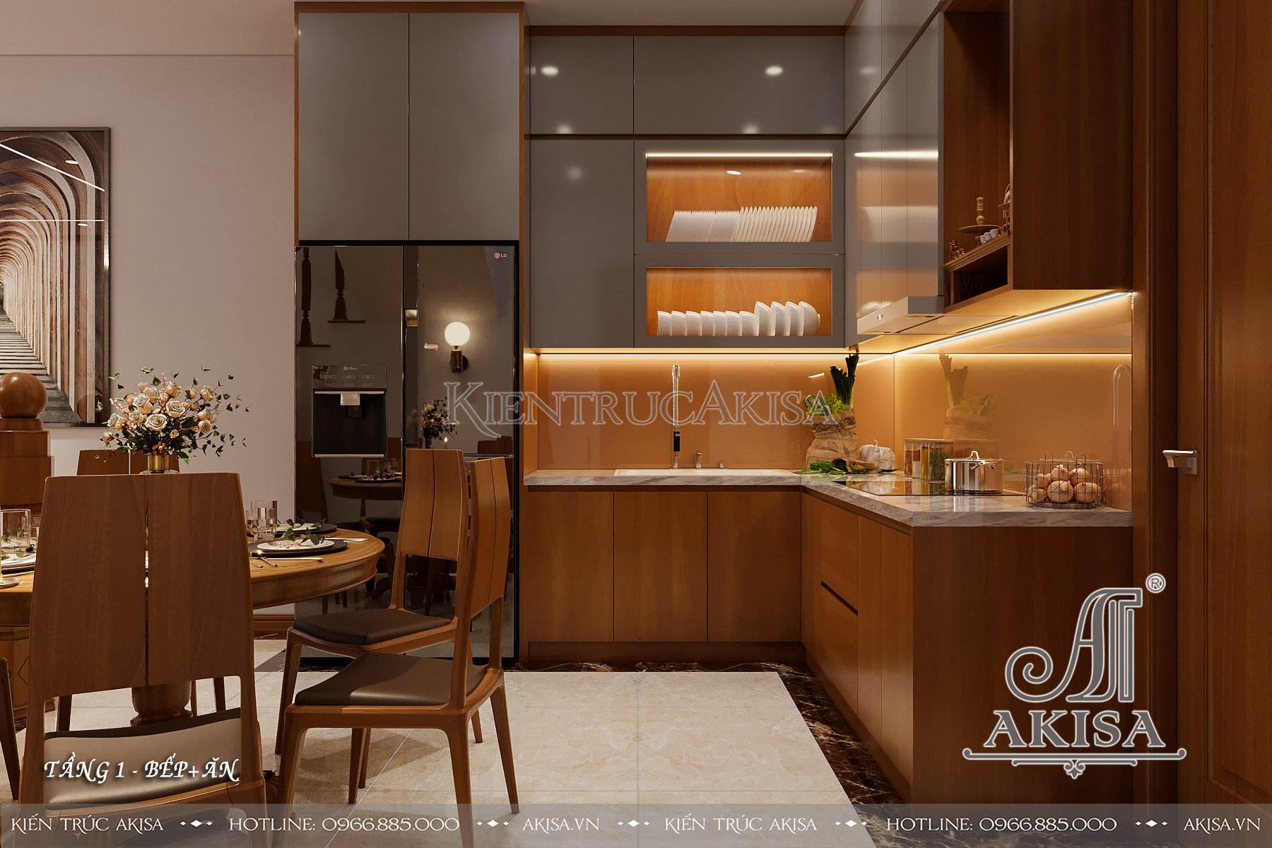 Thiết kế nội thất nhà phố 2 tầng chất liệu gỗ tự nhiên - Phòng bếp ăn