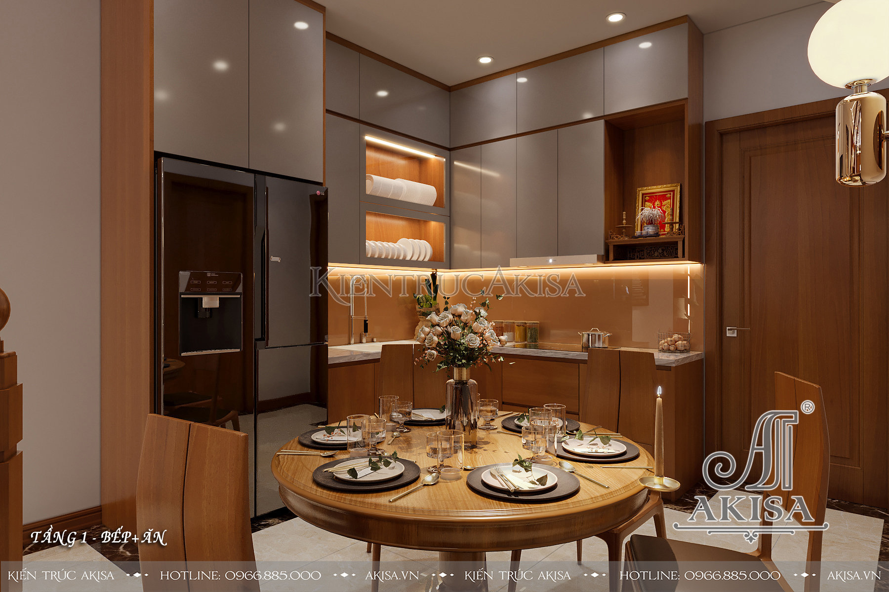 Thiết kế nội thất nhà phố 2 tầng chất liệu gỗ tự nhiên - Phòng bếp ăn
