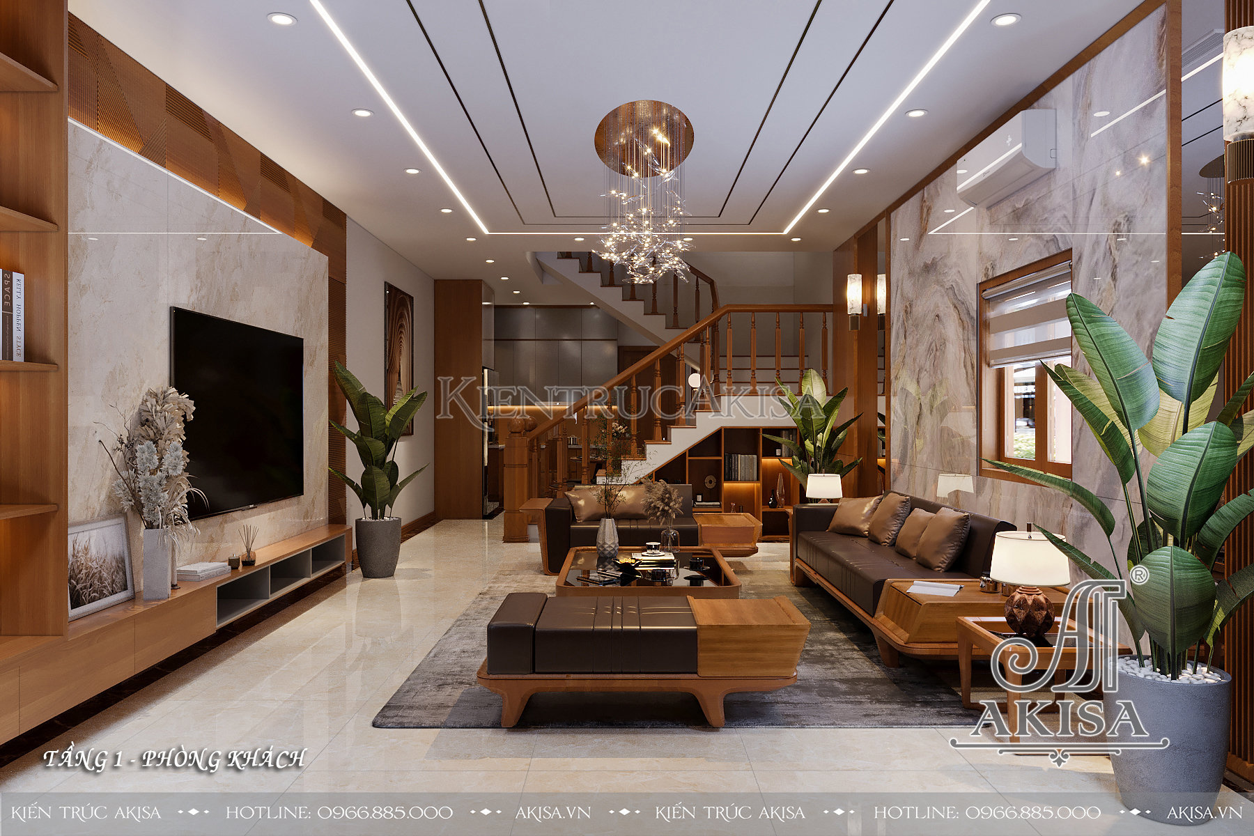 Thiết kế nội thất nhà phố 2 tầng chất liệu gỗ tự nhiên - Phòng khách