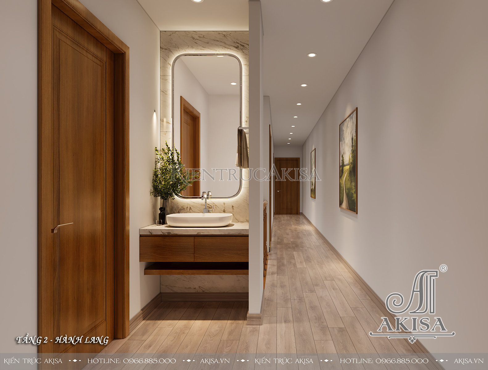 Thiết kế nội thất nhà phố 2 tầng chất liệu gỗ tự nhiên - hành lang tầng 2