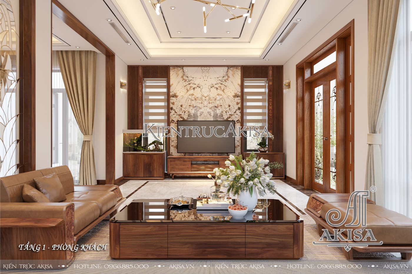 Thiết kế nội thất gỗ óc chó biệt thự phố 3 tầng - Phòng khách