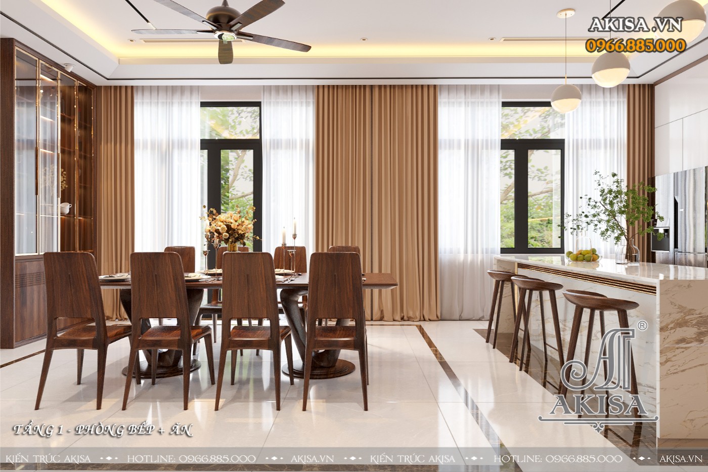 Nội thất biệt thự gỗ óc chó hiện đại - phòng bếp ăn