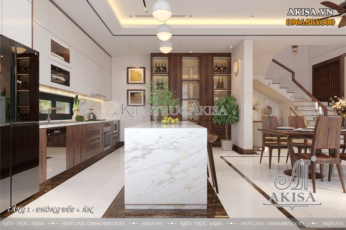 Nội thất biệt thự gỗ óc chó hiện đại - phòng bếp ăn