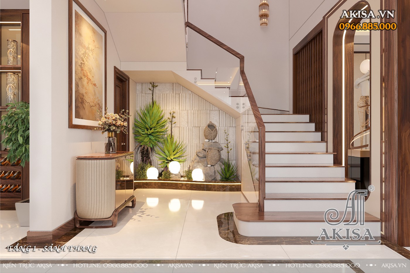 Nội thất biệt thự gỗ óc chó hiện đại - sảnh thang