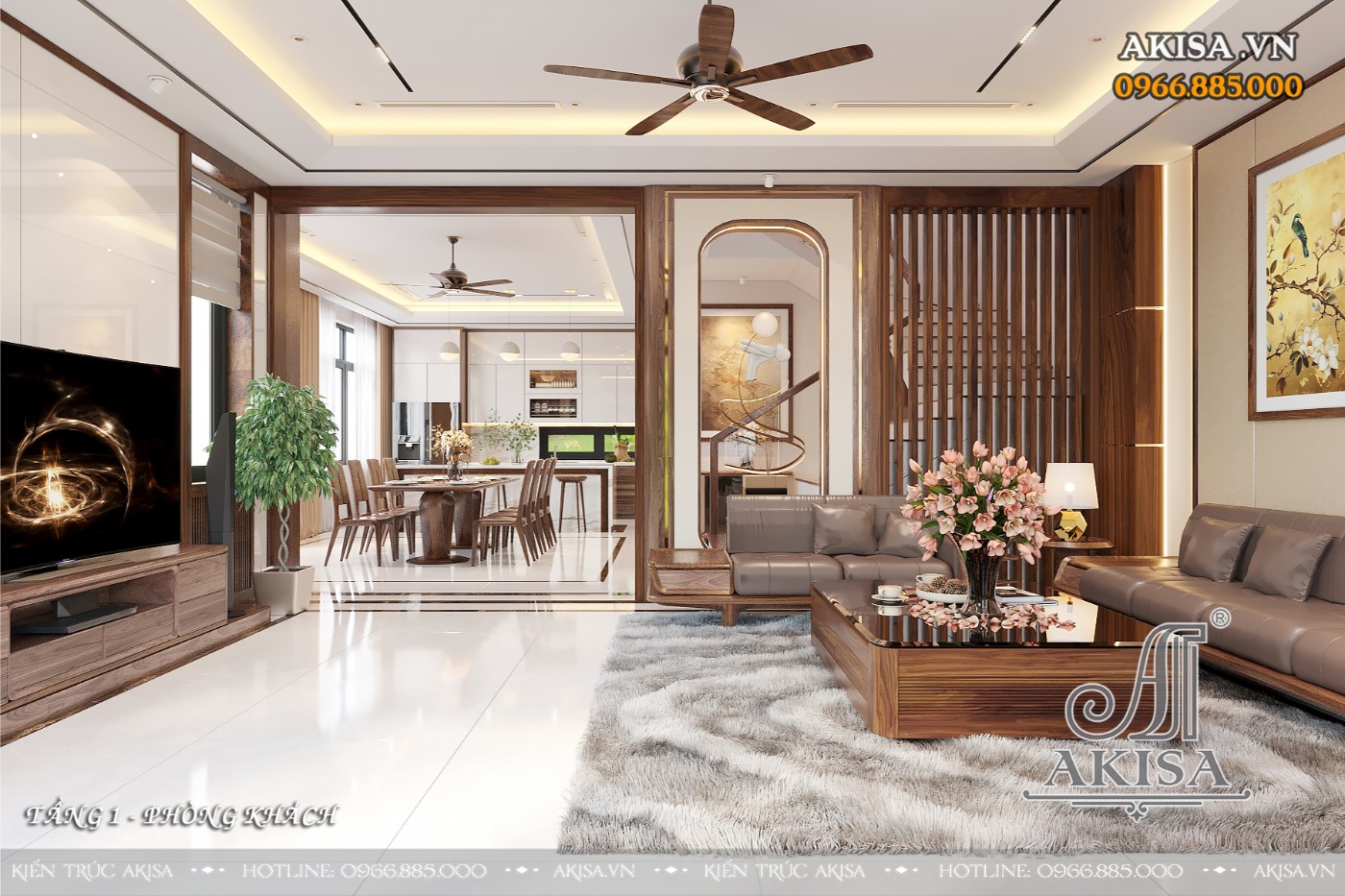Nội thất biệt thự gỗ óc chó hiện đại - phòng khách