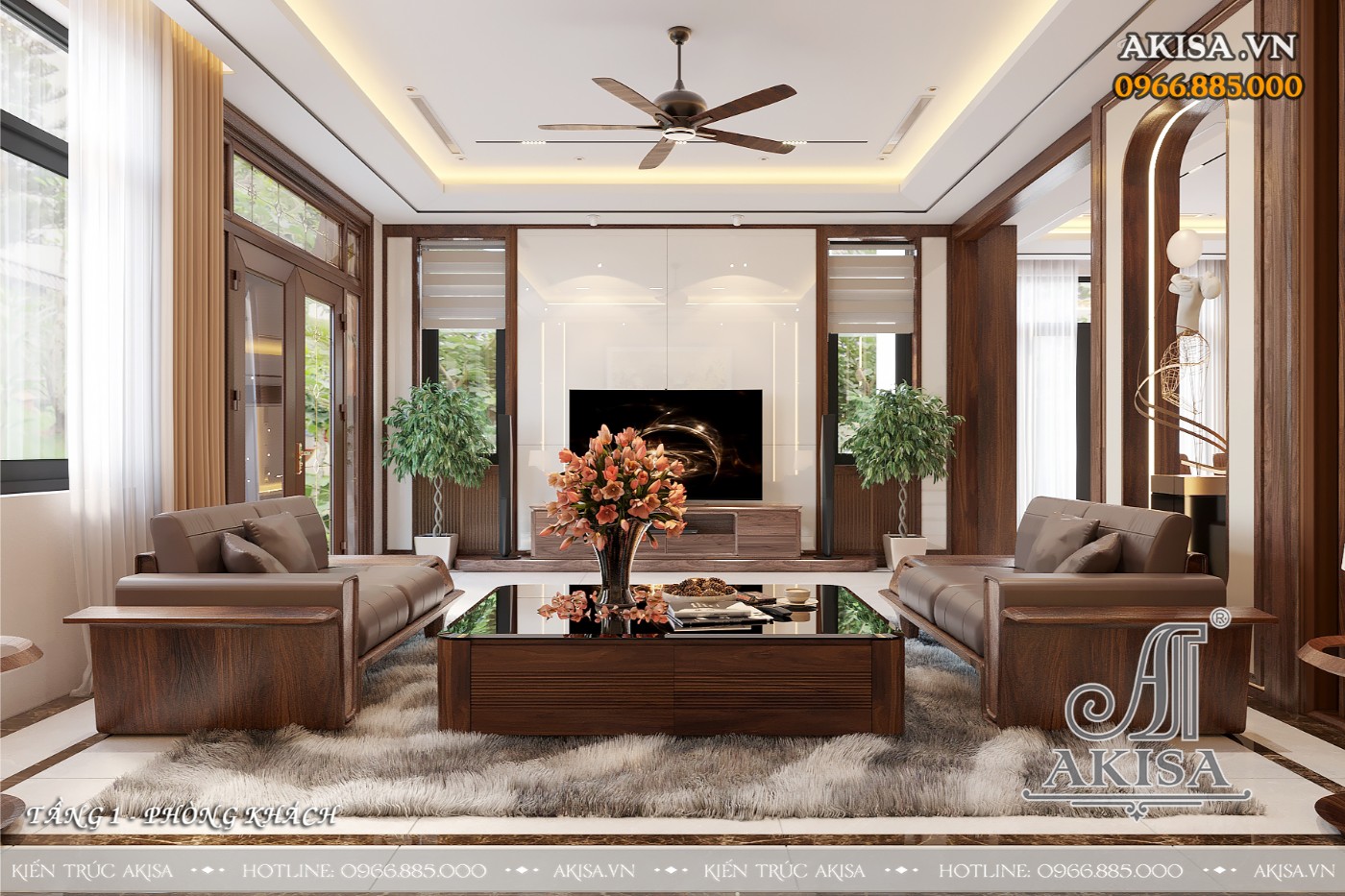 Nội thất biệt thự gỗ óc chó hiện đại - phòng khách