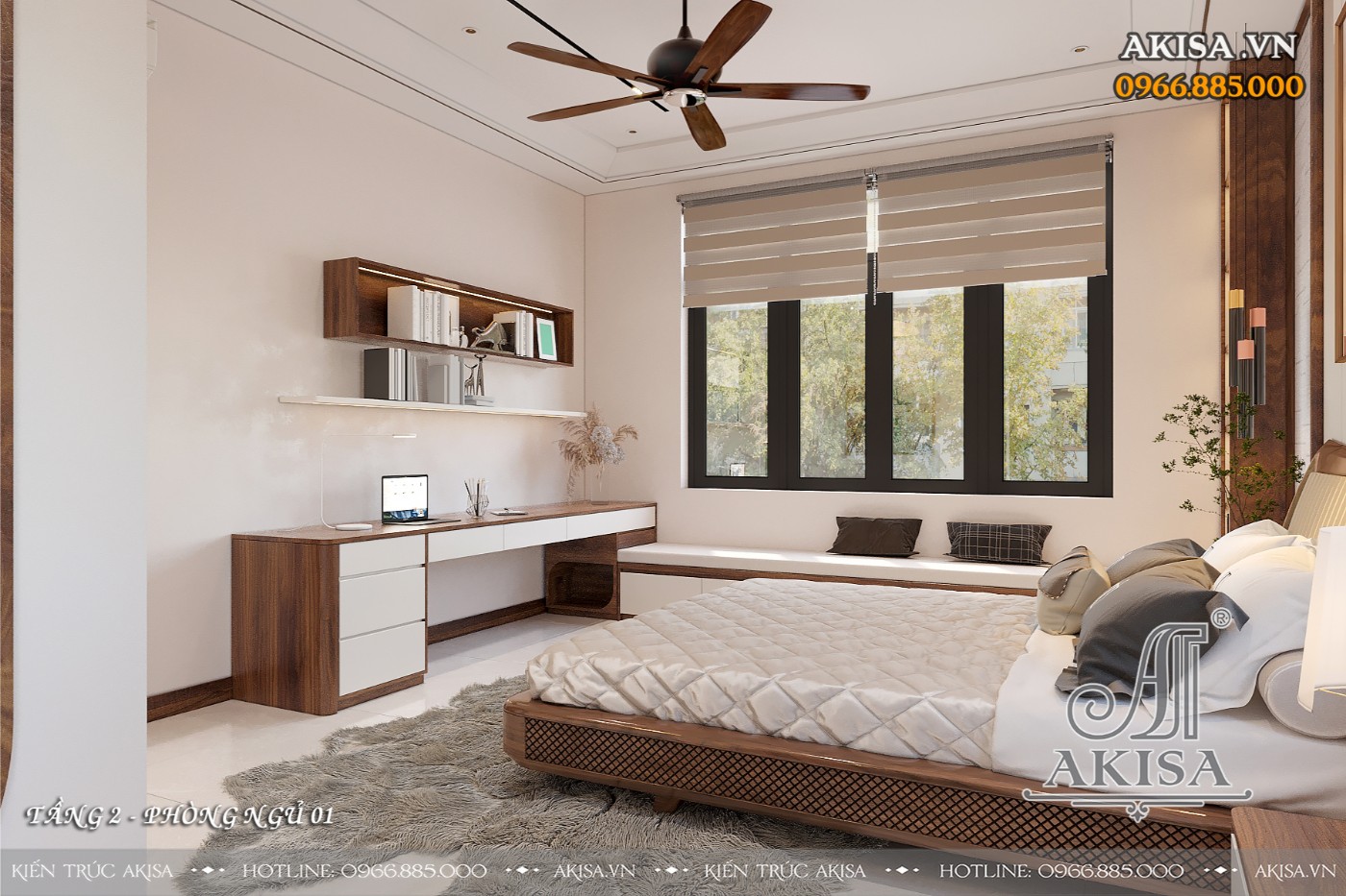 Nội thất biệt thự gỗ óc chó hiện đại - phòng ngủ