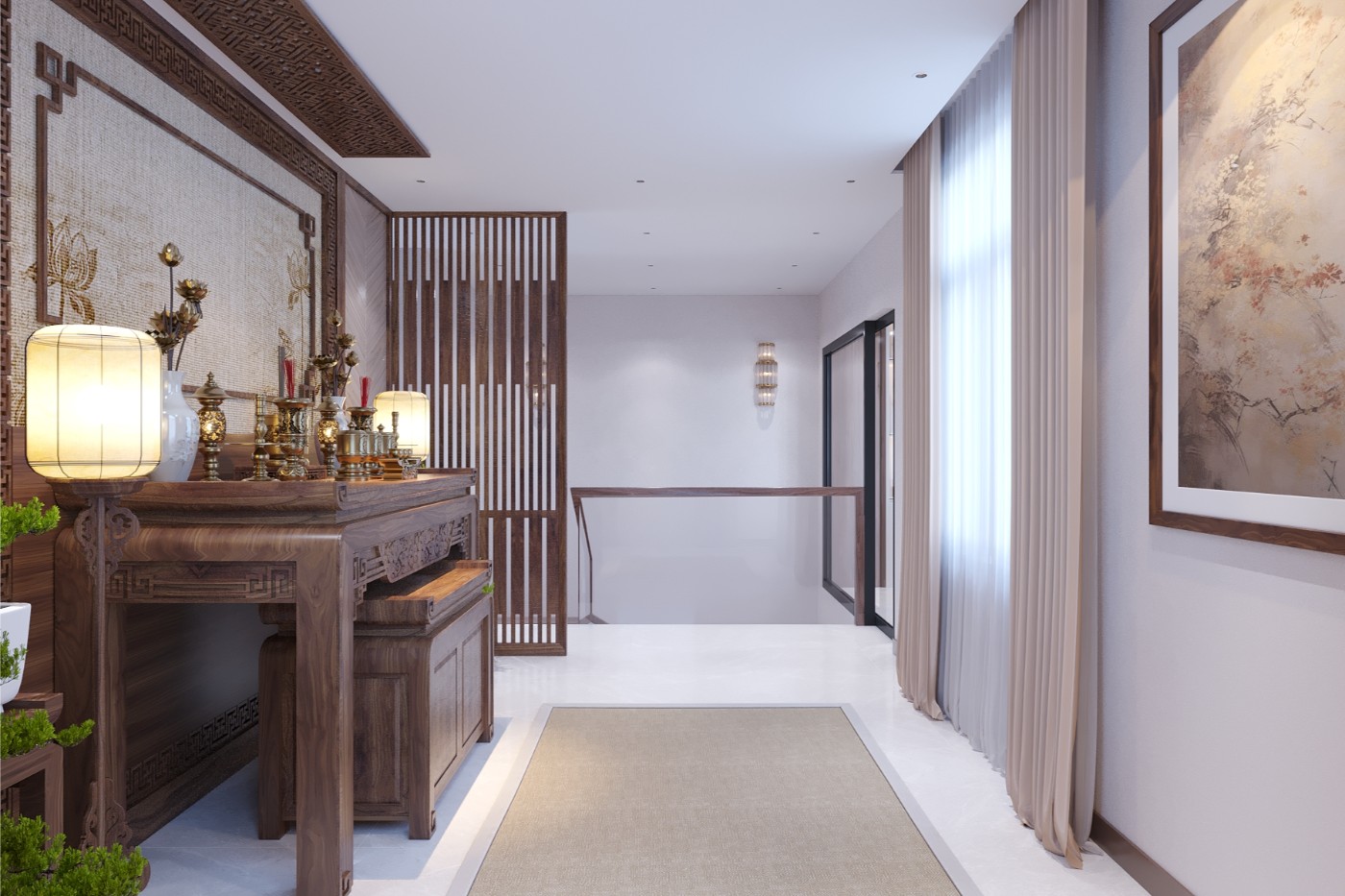 Nội thất biệt thự gỗ óc chó hiện đại - phòng thờ