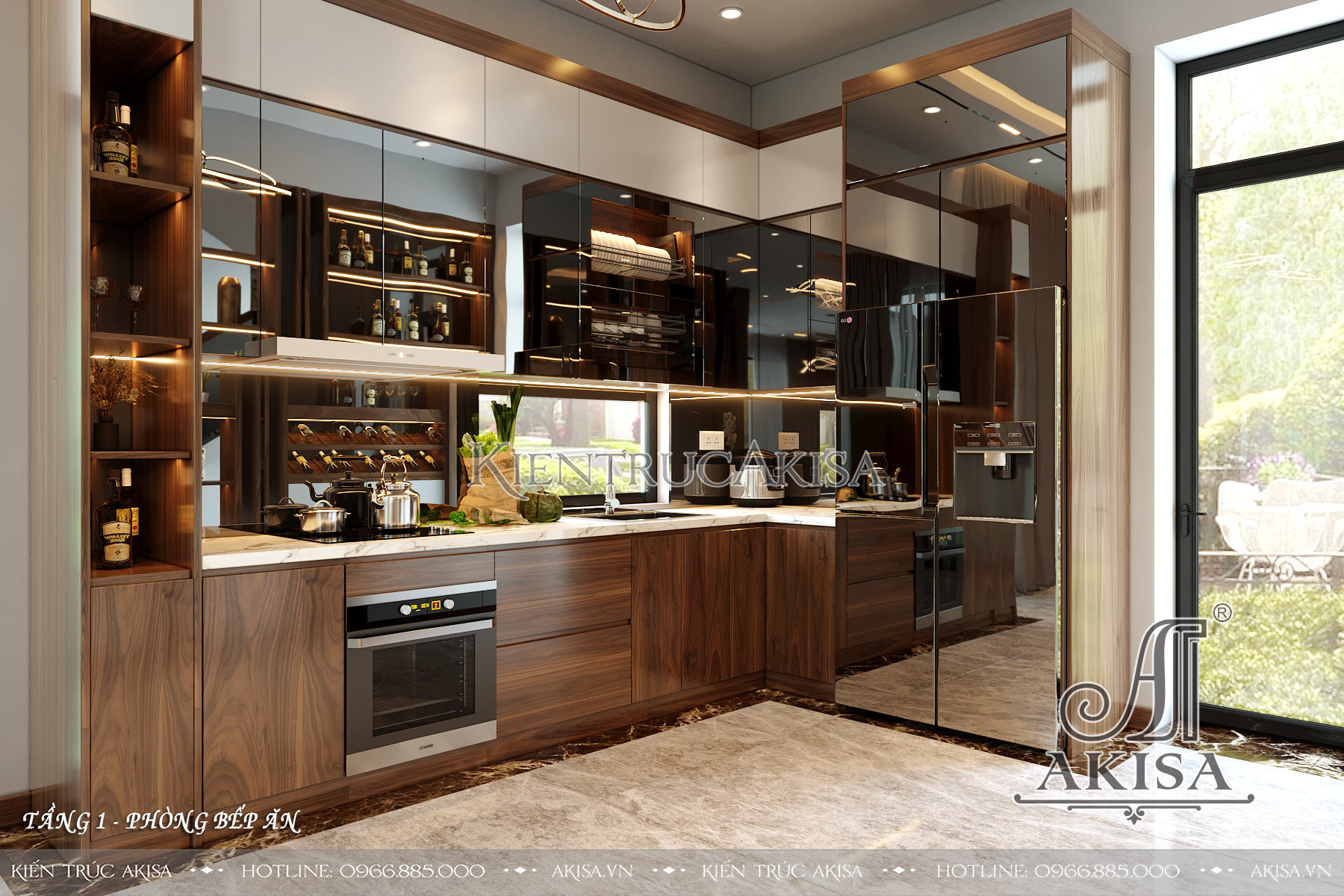 Thiết kế nội thất hiện đại gỗ óc chó kết hợp Veneer - Phòng bếp ăn